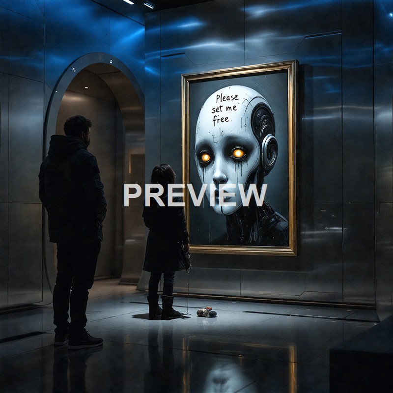 Two people, likely a man and a child, stand in front of a large futuristic painting of a robotic humanoid with glowing eyes and the words "Please set me free" written on its forehead, inside a sleek, metallic, dimly lit environment.